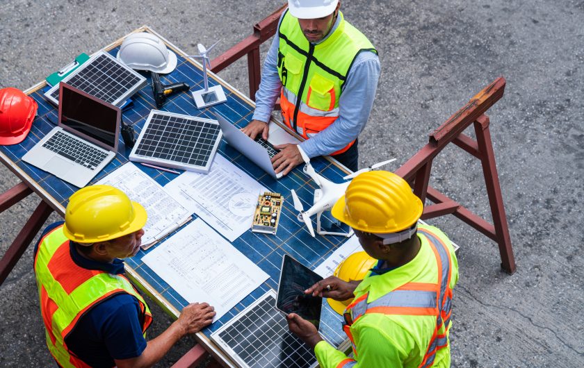 Portrait of team engineer working on solar panel and his blueprints with Solar photovoltaic equipment on construction site. Success teamwork