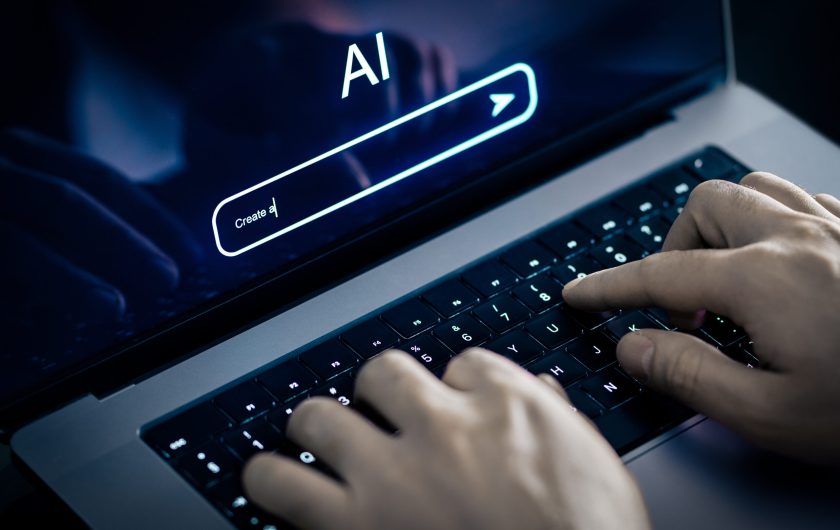 AI prompt to generate content or text with laptop and artificial intelligence. Using image generator at work. Chatbot or virtual search robot in computer. Large language model, LLM. Hands typing.