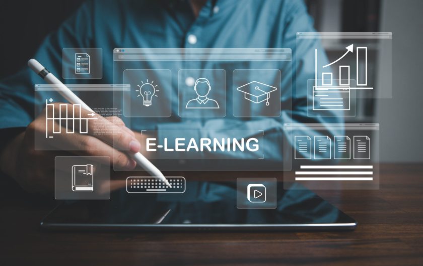 E-learning education, video tutorial, internet lessons and online course application, Businessman or learner using online lessons via laptop on digital screen.