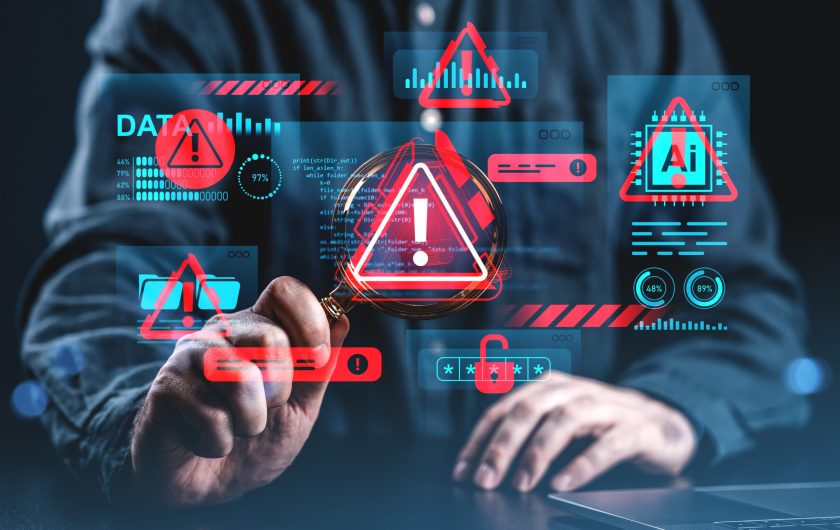 Cybersecurity threat detection with digital warning symbols and data breach alerts concept on dark background with person using digital interface.. Person interacting with virtual interface showing warning signs, data alerts, and security symbols in digital style on dark background, concept of cybersecurity