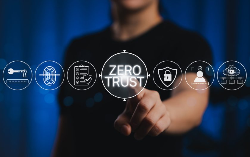 Zero Trust security concept with icons representing authentication, identity verification, and data protection, emphasizing cybersecurity strategies for zero-trust network access and secure systems.