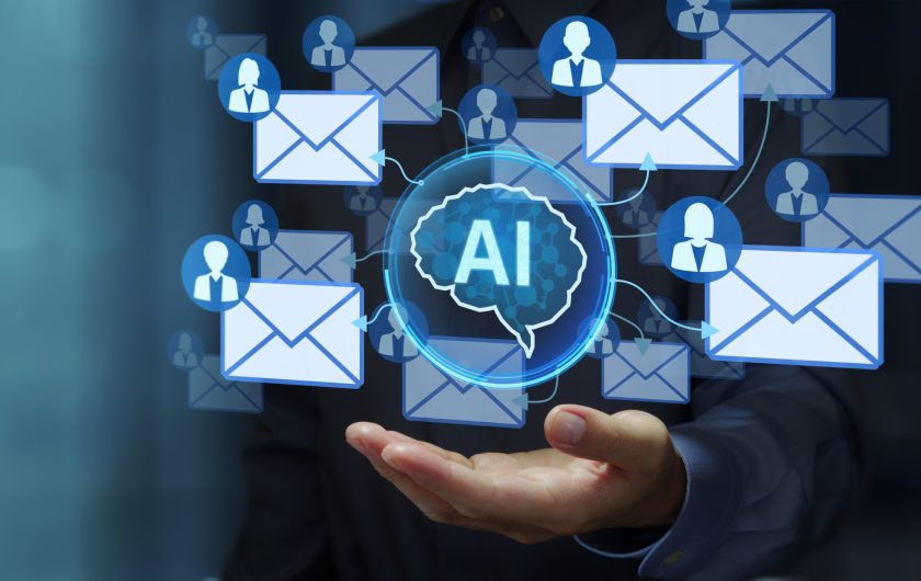 AI-powered email marketing solution. AI-optimized and personalized mail writing. Businessperson holding artificial intelligence icon. AI-powered email marketing solution. AI-optimized and personalized mail writing. Businessperson holding artificial intelligence icon.