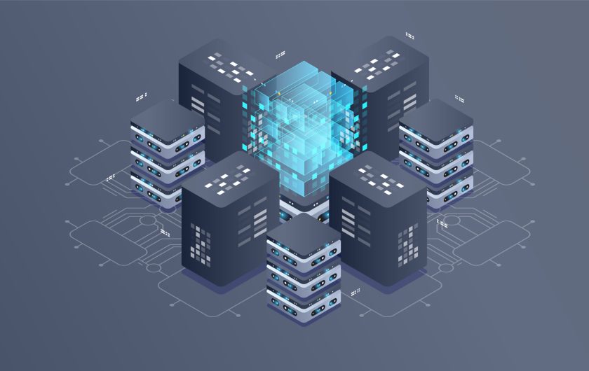 Technology isometric infographic design for quantum computer. Blockchain server concept, server room, database, information storage. Creative isometric concept. Technology isometric infographic design for quantum computer. Blockchain server concept, server room, database, information storage. Creative isometric concept.